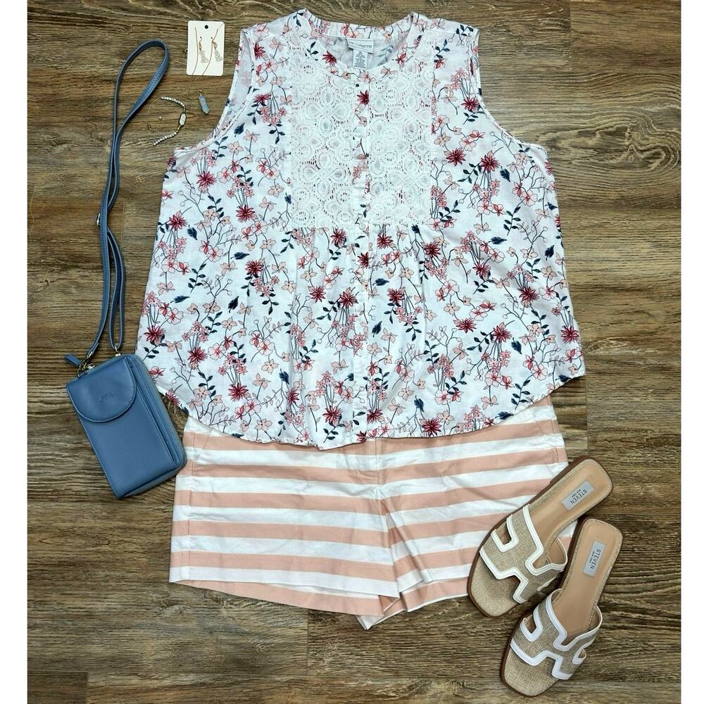 Liz Claiborne Linen Blend Button Down Sleeveless Blouse XL Lace Patch Floral